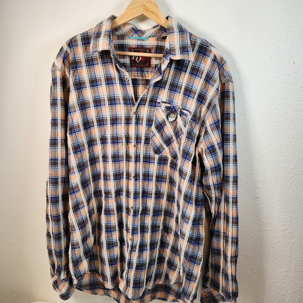 EQ Rooster Long Sleeve Button Up Shirt Mens Size XL Blue Cream Peach Brown